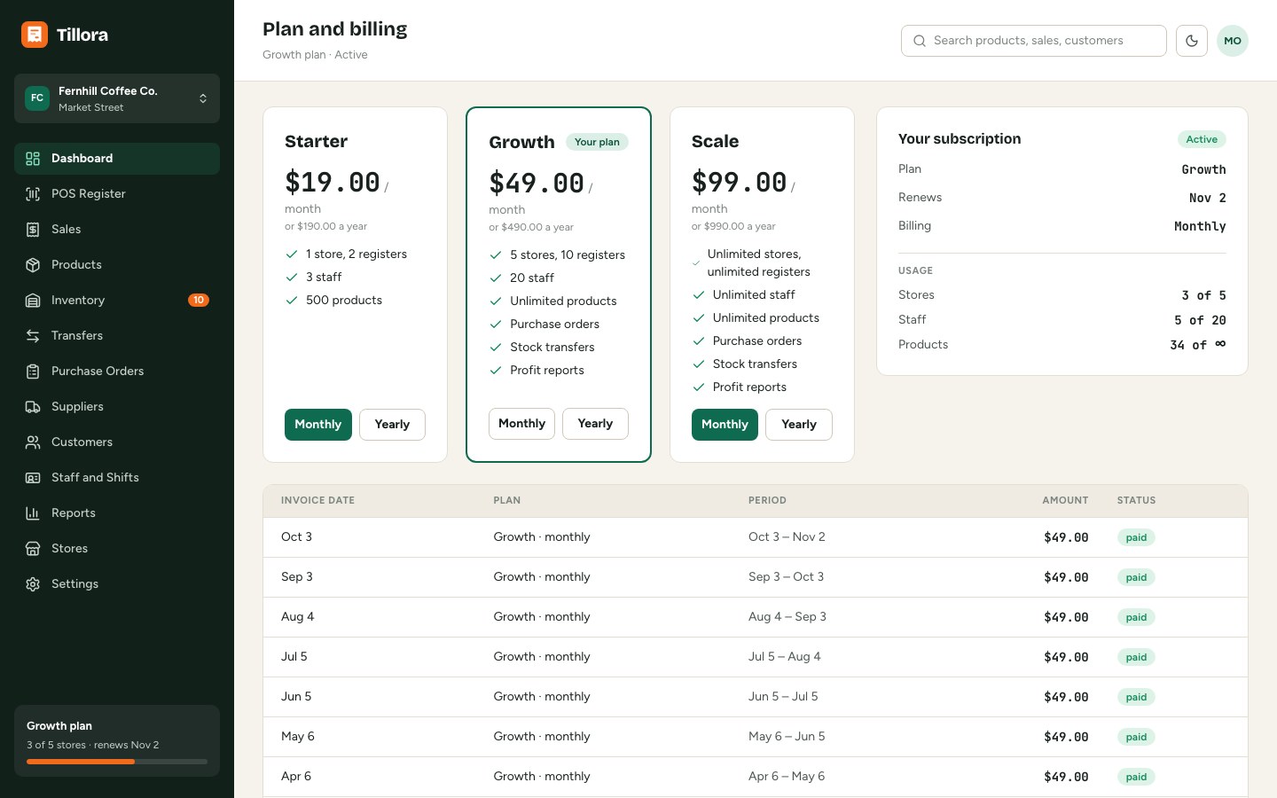 Plan and billing
