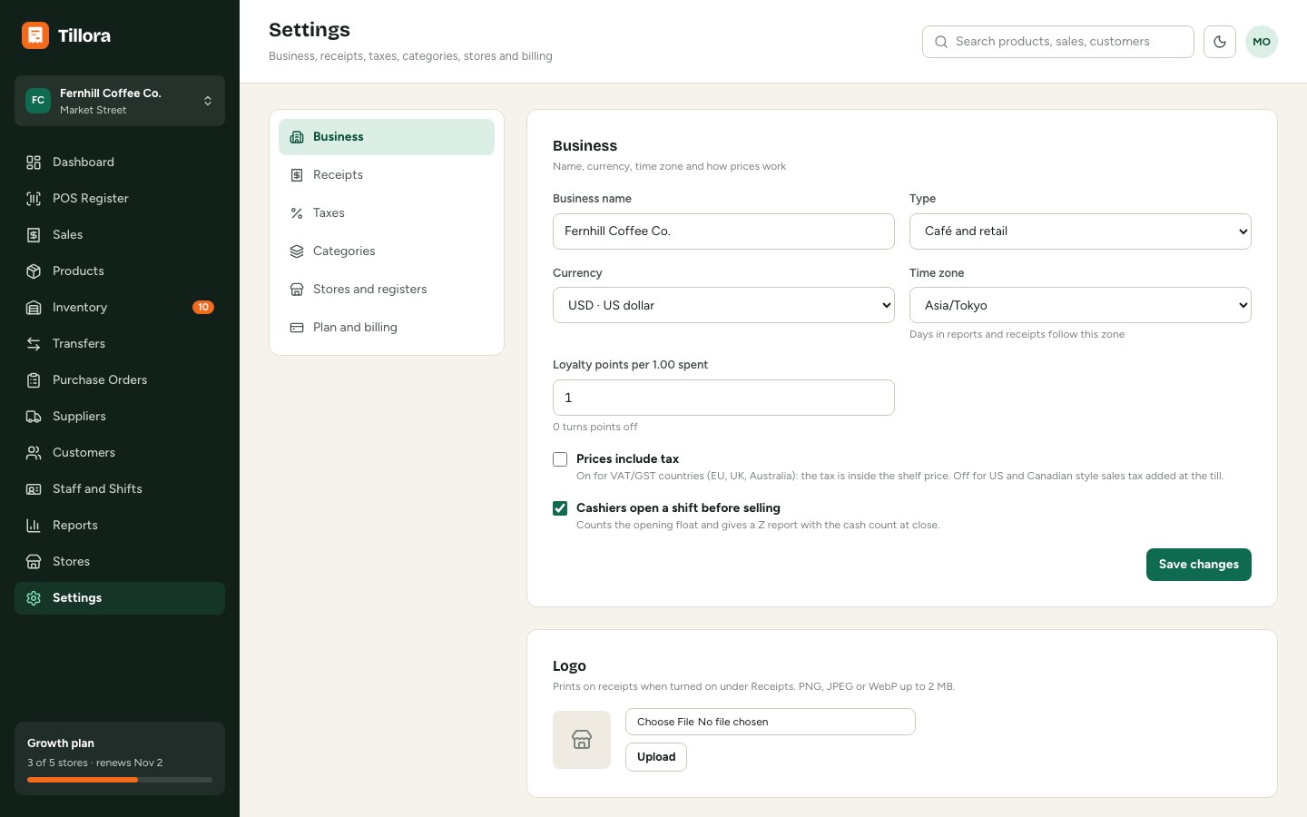 Receipt settings