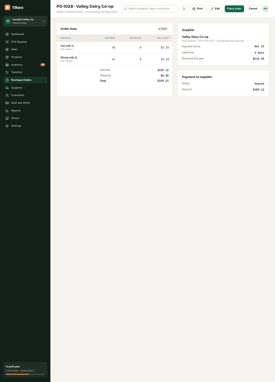 Purchase order page