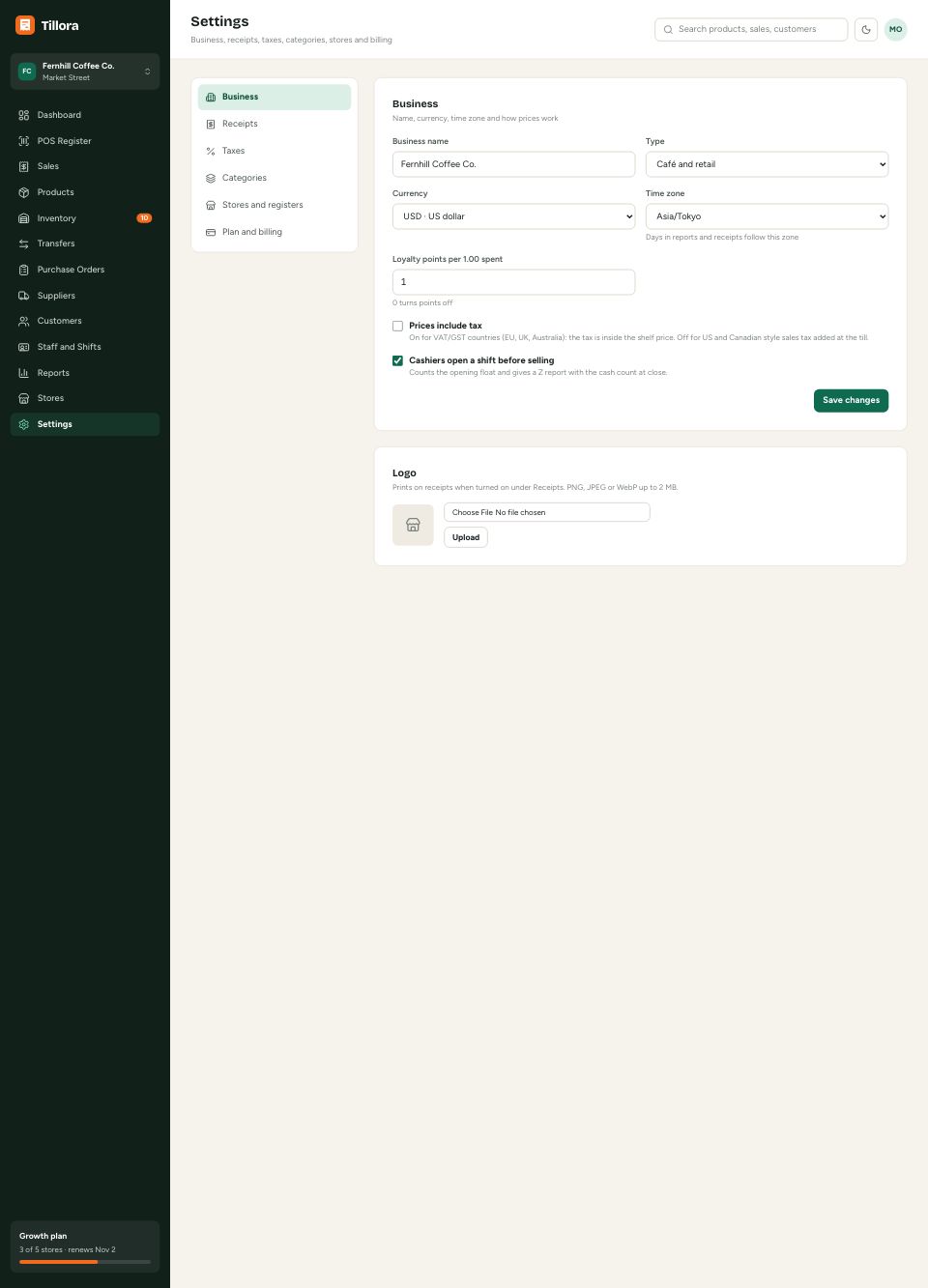 Receipt settings page