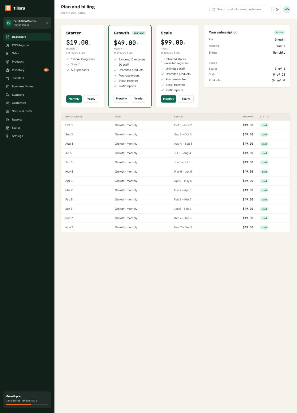 Plan and billing page