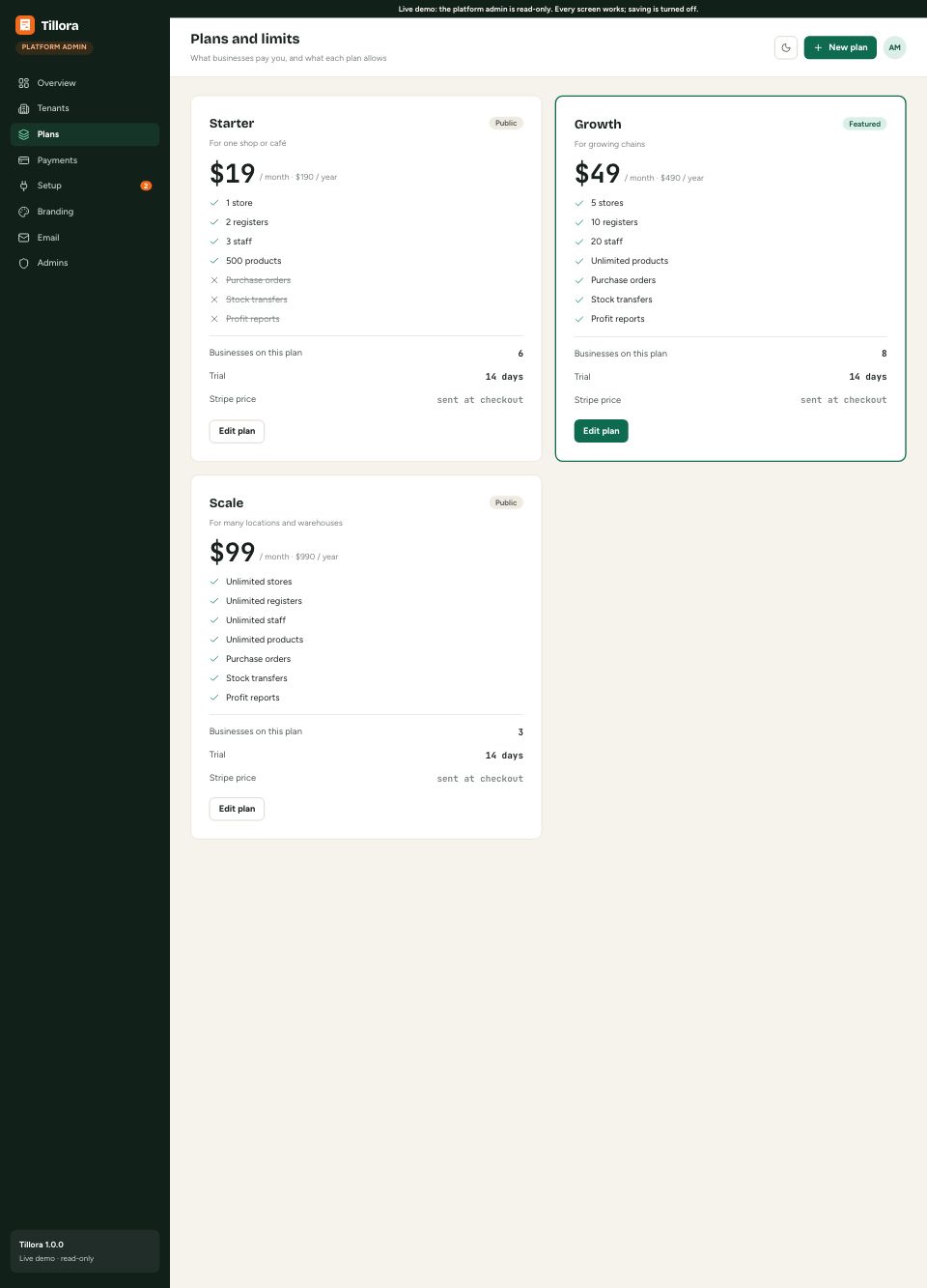 Plans and limits page