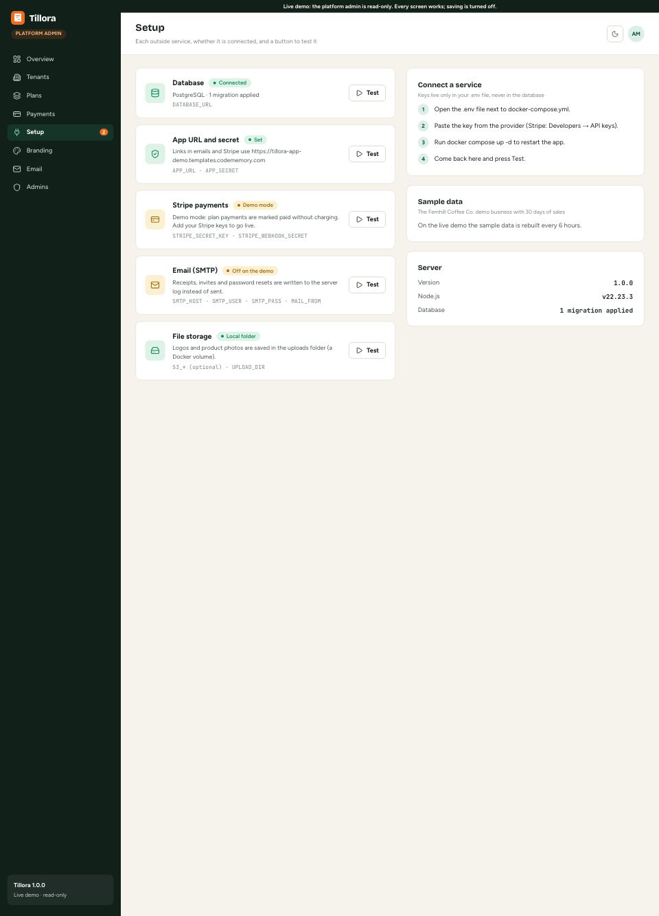 Setup checks page